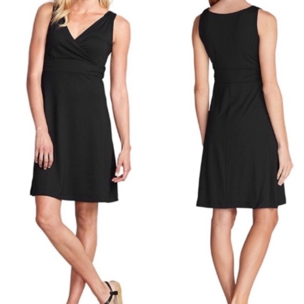 Eddie Bauer Dress Black Small Petite Stretch V Neck Below Knee Travex